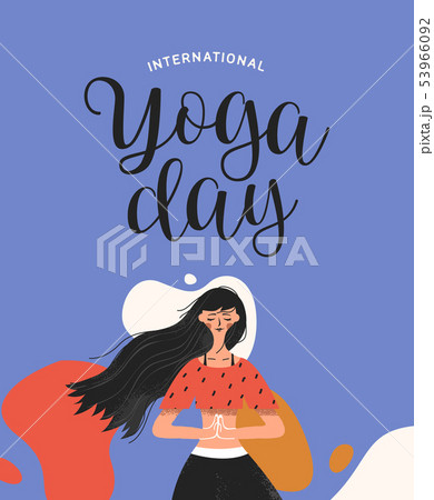 Yoga Day card of woman in tree pose exercise 53966092