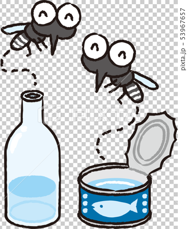 空き缶と空き瓶の溜まった水に集まる蚊のイラスト素材