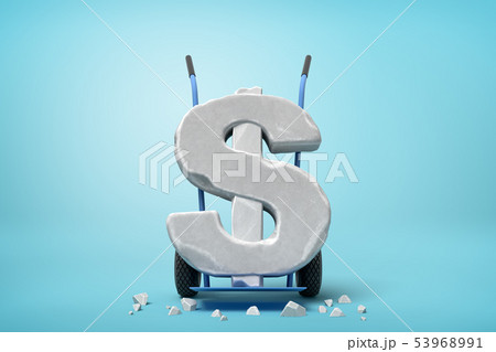 3d rendering of large stone dollar symbol on blue hand truck with big stone crumbs on ground on 53968991
