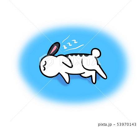 横たわりお昼寝をするウサギのイラスト 水色の長丸背景 のイラスト素材