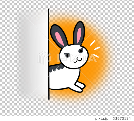 物陰から顔をのぞかせるウサギのイラスト オレンジ背景 のイラスト素材