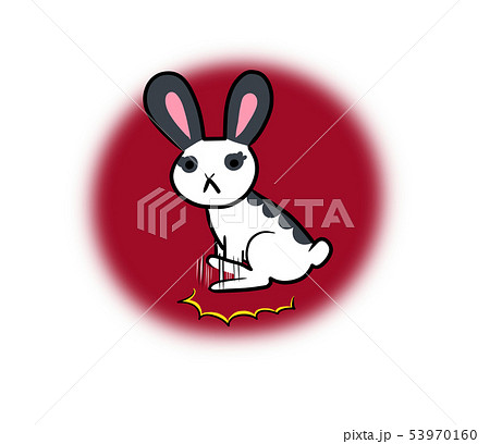 足踏みをする怒ったウサギさんのイラスト 赤色の丸背景 のイラスト素材
