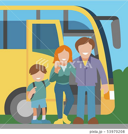 Family travel by bus background banner vector illustration. Happy road trip. Mother, Father, and son 53970208