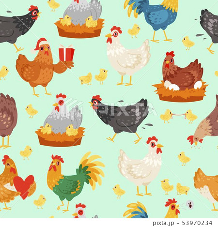 Chicken characters in different poses. Hen and rooster seamless pattern vector flat illustration 53970234