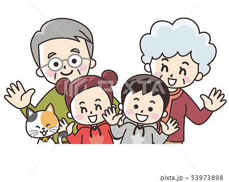 祖父母と孫とペットの猫 夏のイラスト素材