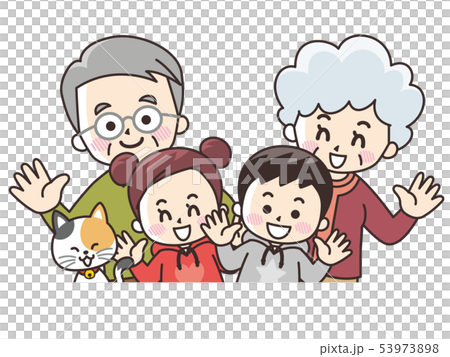 祖父母と孫とペットの猫 夏のイラスト素材