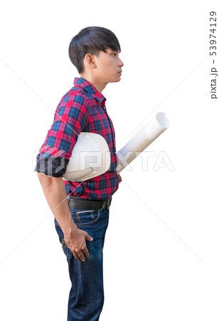 Engineer hold safety helmet plastic and blueprint Engineer hold safety helmet plastic and blueprint 53974129