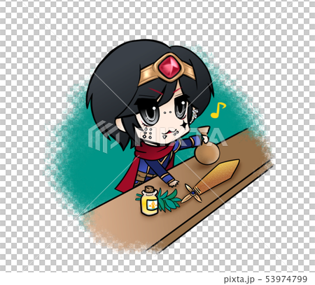 アイテム屋さんで冒険に必要な道具を買い揃える勇者のイラスト素材