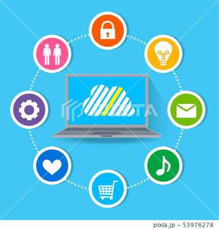 フラットデザインのパソコンのイラストとクラウドサーバーをイメージさせるメディアアイコンのイラスト素材 53976278 Pixta