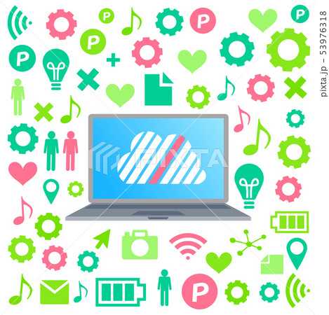 フラットデザインのパソコンのイラストとクラウドサーバーをイメージさせるメディアアイコンのイラスト素材 53976318 Pixta