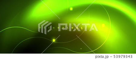 Bright neon circles and wave lines, glowing shiny background design template, digital techno concept Bright neon circles and wave lines, glowing shiny background design template, digital techno concept 53979343