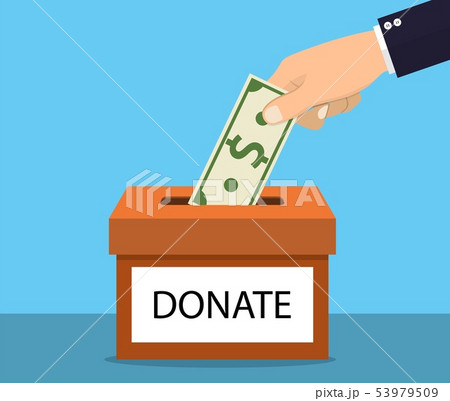 hands depositing money in a carton box hands depositing money in a carton box 53979509
