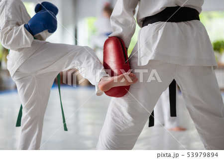 Close up of aikido trainer and boy practicing punches Close up of aikido trainer and boy practicing punches 53979894