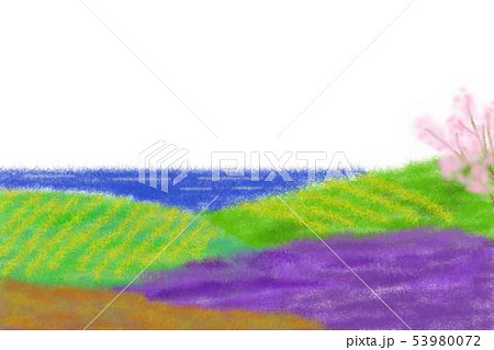 ちぎり絵風 海を臨む丘 桜のイラスト素材