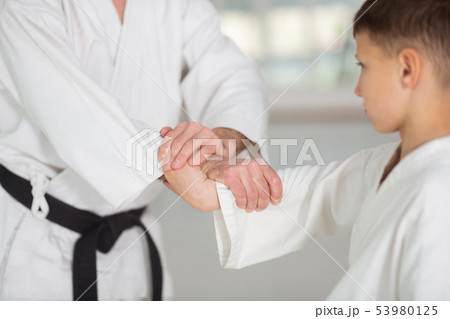 Dark-haired boy shaking hands with his aikido trainer Dark-haired boy shaking hands with his aikido trainer 53980125