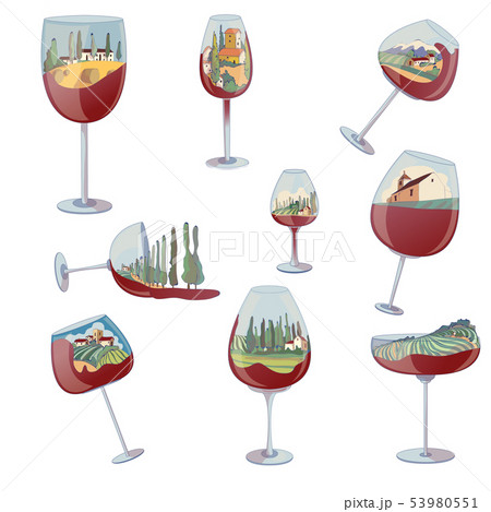 Set Of Images Of Wine Glasses With A Landscape のイラスト素材