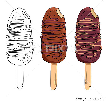 Set of vector hand drawn chocolate ice creams. Eskimo pie isolated on white background. Colored and 53982426