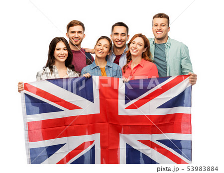 group of smiling friends with british flag group of smiling friends with british flag 53983884