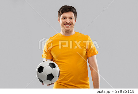 happy man or football fan with soccer ball happy man or football fan with soccer ball 53985119