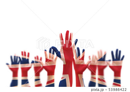United kingdom (UK) flag pattern on people hands United kingdom (UK) flag pattern on people hands 53986422