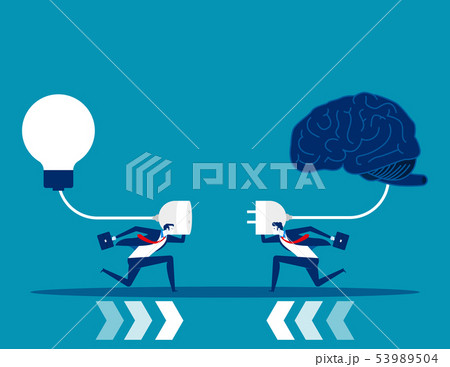 Business team try to connect brain and light bulb. 53989504