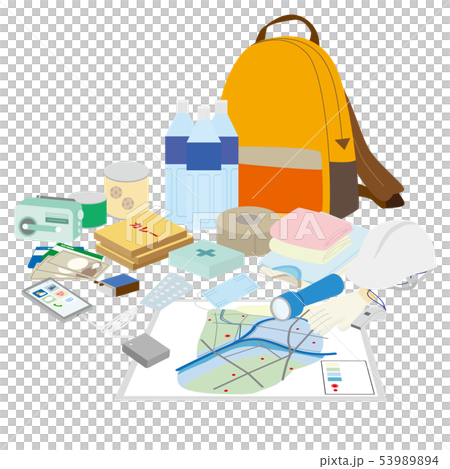 Illustration of the contents of the emergency bag and the hazard map Illustration of the contents of the emergency bag and the hazard map 53989894