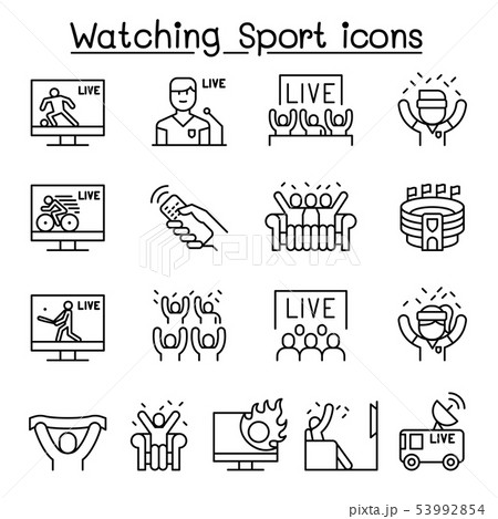 Watching sport on tv, sport broadcasting icon set Watching sport on tv, sport broadcasting icon set 53992854