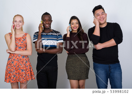 Studio shot of happy diverse group of multi ethnic friends smili 53998102