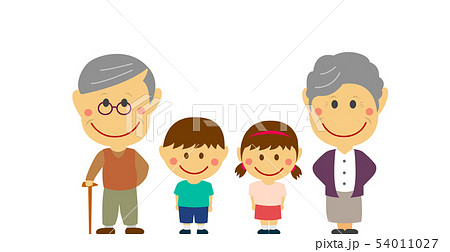 デフォルメ 二頭身 全身人物イラスト 一列に横並びの家族 祖父母と孫 のイラスト素材