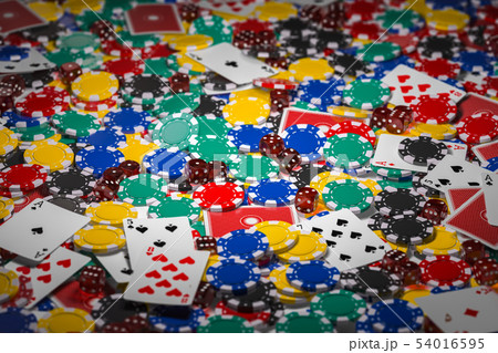 Casino chips, dice and poker cards background. 54016595