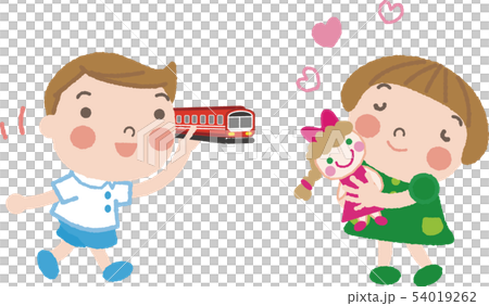 おもちゃを持つ子供５（電車＆人形） 54019262