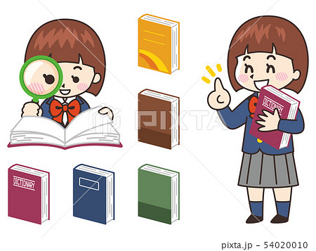 女子高校生が虫眼鏡を使って辞書を読んでいるのイラスト素材