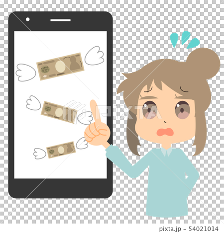 スマホでお金を使い過ぎた女性のイラストのイラスト素材