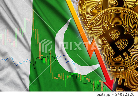 Pakistan flag and cryptocurrency falling trend 54022326