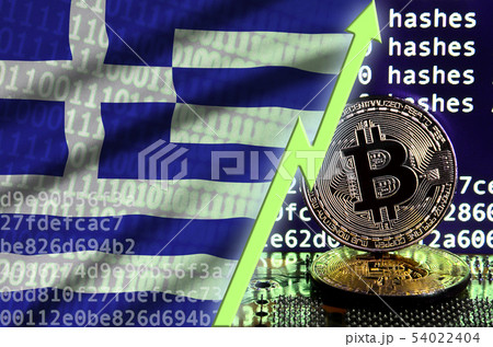 Greece flag and rising green arrow on bitcoin Greece flag and rising green arrow on bitcoin 54022404