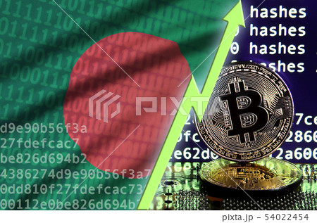 Bangladesh flag and rising green arrow on bitcoin 54022454
