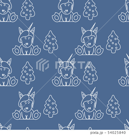Seamless pattern with unicorns and Christmas tree 54025840