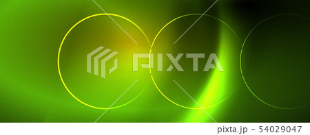 Bright neon circles and wave lines, glowing shiny background design template, digital techno concept Bright neon circles and wave lines, glowing shiny background design template, digital techno concept 54029047