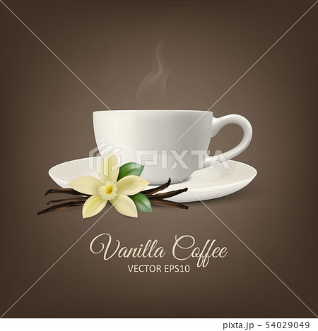 Vector Background with 3d Realistic Composition - White Cup of Coffee, Sweet Scented Fresh Vanilla 54029049