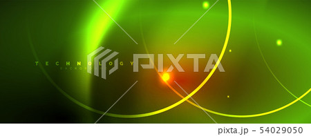 Bright neon circles and wave lines, glowing shiny background design template, digital techno concept 54029050