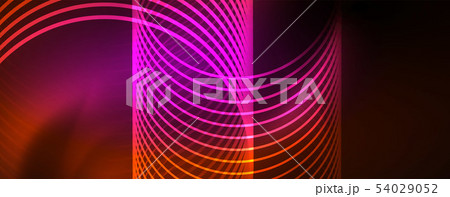 Bright neon circles and wave lines, glowing shiny background design template, digital techno concept 54029052