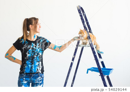 Young woman painter stroking a cat, designer and worker paints the wall. The pet sits next on the 54029144