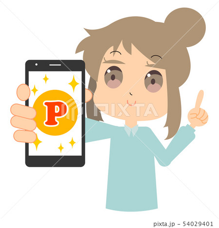 スマホでポイントを貯める女性のイラストのイラスト素材