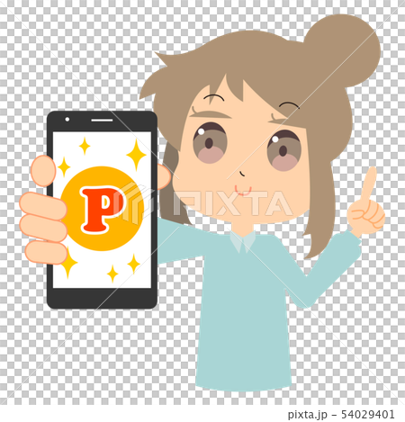 Illustration of a woman who earns points on a smartphone 54029401