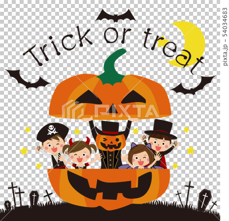 ハロウィンの衣装を着たポップな子供たちとジャックランタン 54034683