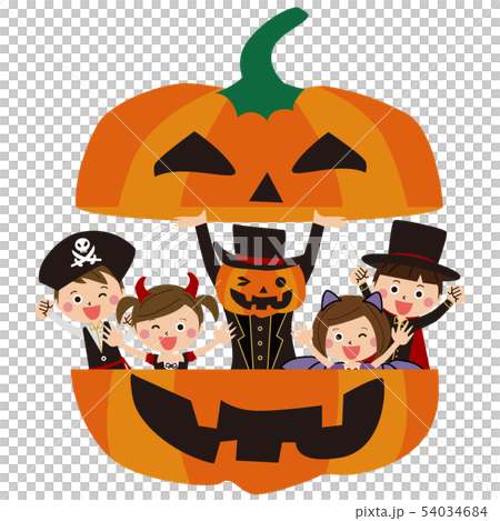 ハロウィンの衣装を着たポップな子供たちとジャックランタン　背景無し 54034684