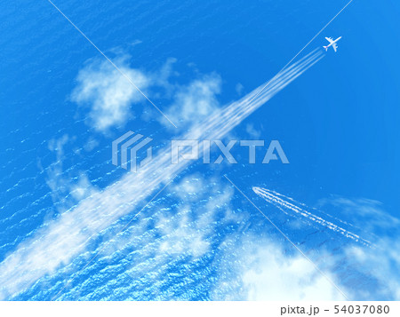 飛行機雲と航跡と海のきらめきのある風景1-俯瞰ＣＧ-02 54037080