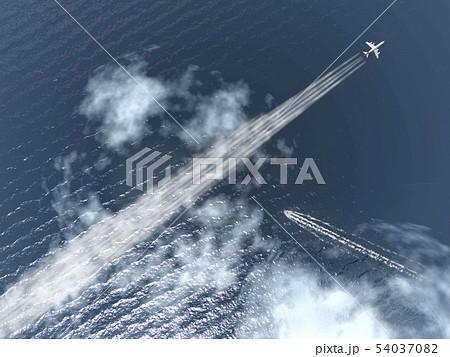 飛行機雲と航跡と海のきらめきのある風景1-俯瞰CG-04 飛行機雲と航跡と海のきらめきのある風景1-俯瞰CG-04 54037082