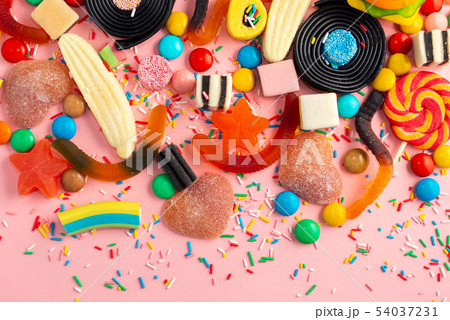 assortment of colourful lollipops, fruit bonbon, 54037231