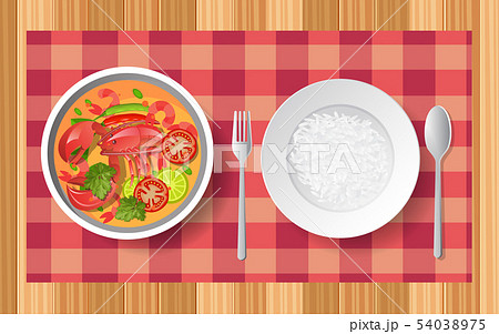 Tom Yum Goong and rice on the wooden table 54038975
